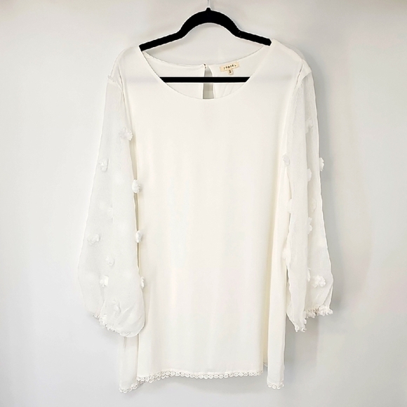 JODIFL Tops - Elegant Milk White Textured Blouse w Sheer Embellished Sleeve & Teardrop Back